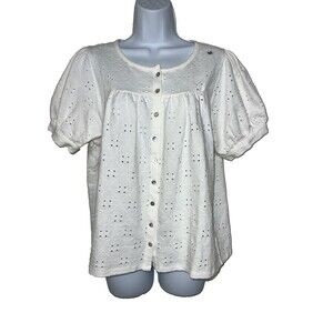 DownEast Top Medium White Eyelet Puff Sleeve Button Front Stretch Cotton Peasant